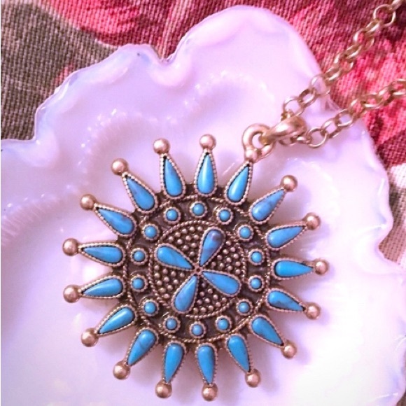 LUCKY BRAND Pendant Zuni Style Gold Turquoise Blue Chain Boho Necklace - Picture 5 of 8
